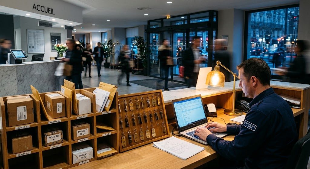 Poste d'accueil le soir, un agent saisit sur son ordinateur portable à côté d'un casier de colis étiquetés et d'un tableau de clés, des passants flous traversent le hall.