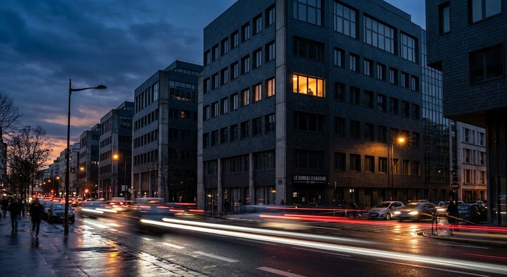 Immeubles de bureaux au crépuscule, une fenêtre éclairée en ambre, traînées de phares sur la chaussée mouillée.